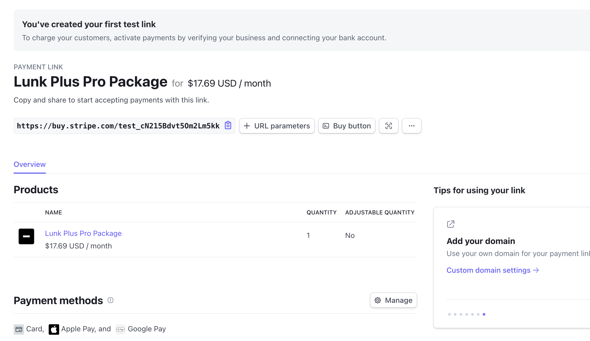 stripe link dashboard with boxes containing useful information