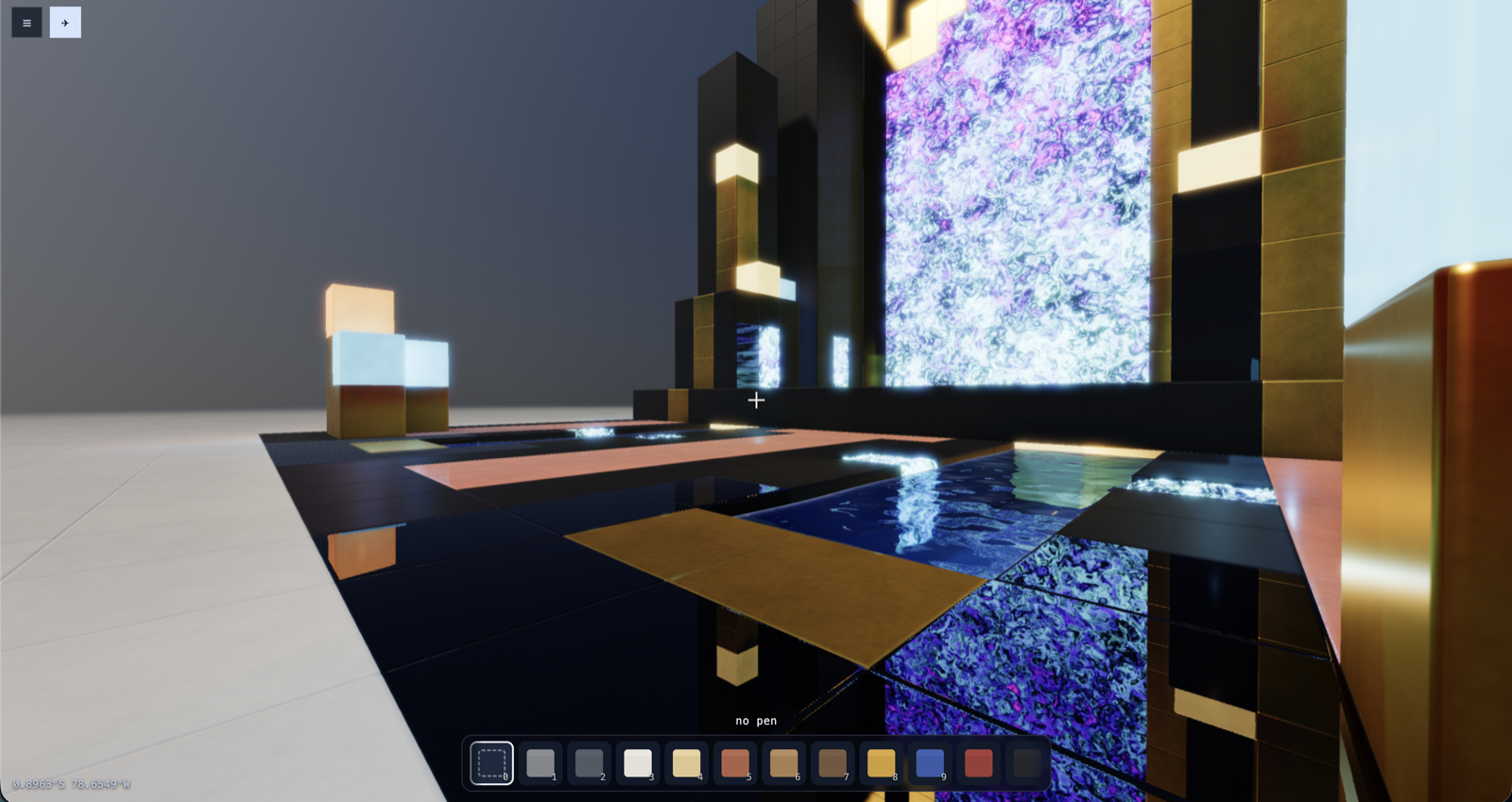 a plaza of obsidian, gold and nebula stone by a pool, rendered in block world