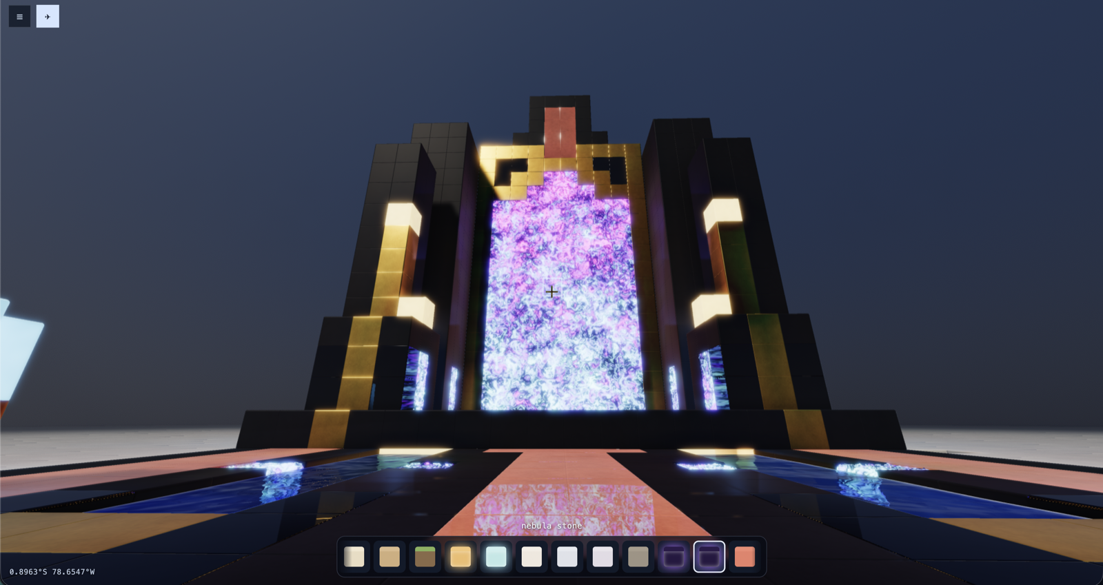 a nebula stone monolith framed by gold and lanterns, rendered in block world