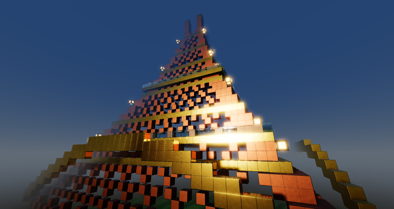 a copper and brass lattice tower lit low and golden